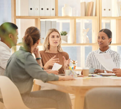 Planning, coaching and strategy with business people in meeting for development, project management